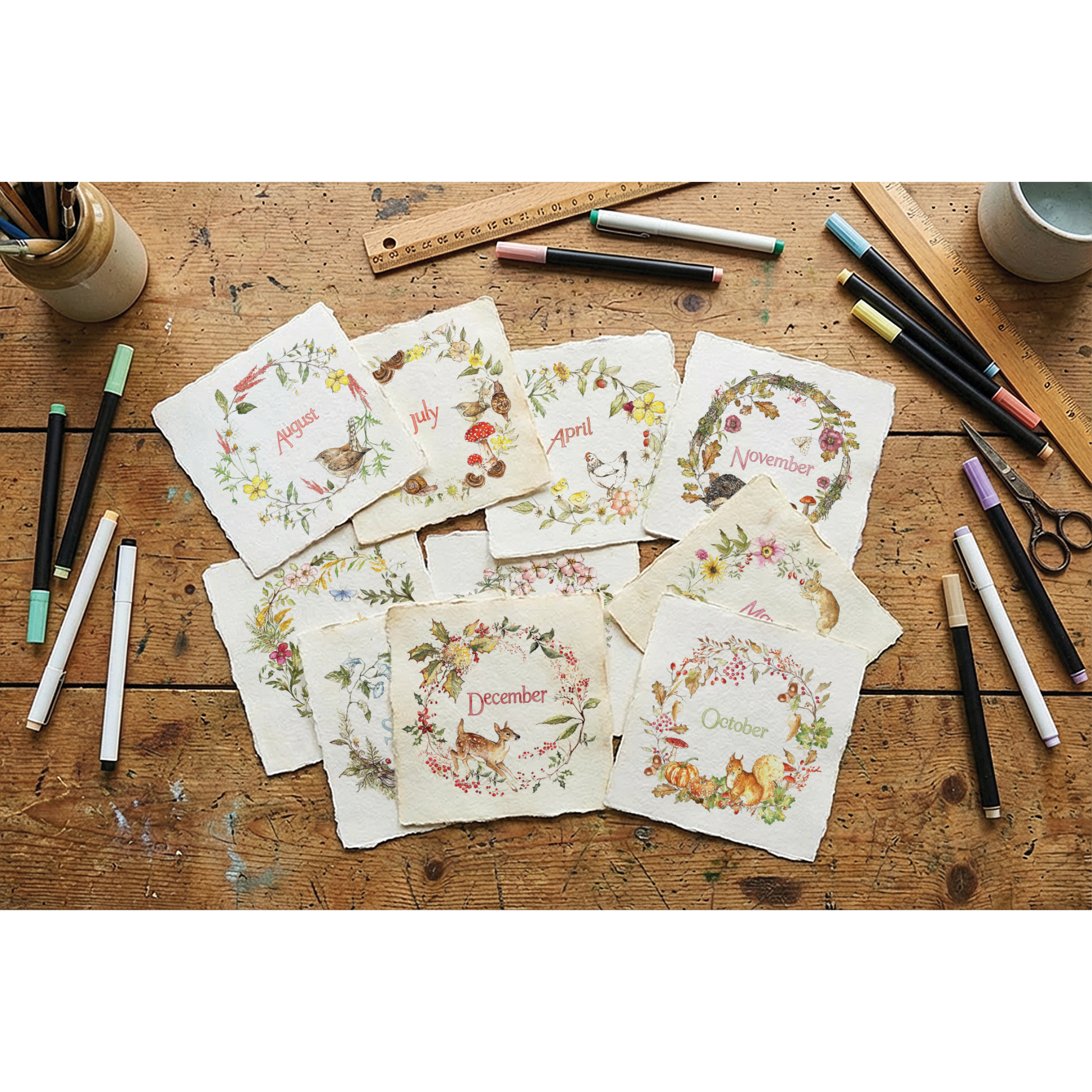 A flat-lay arrangement of twelve square cream paper cards with rustic edges, each printed with a different month's floral wreath and small animal illustrations, displayed on a weathered wooden tabletop surrounded by art supplies.