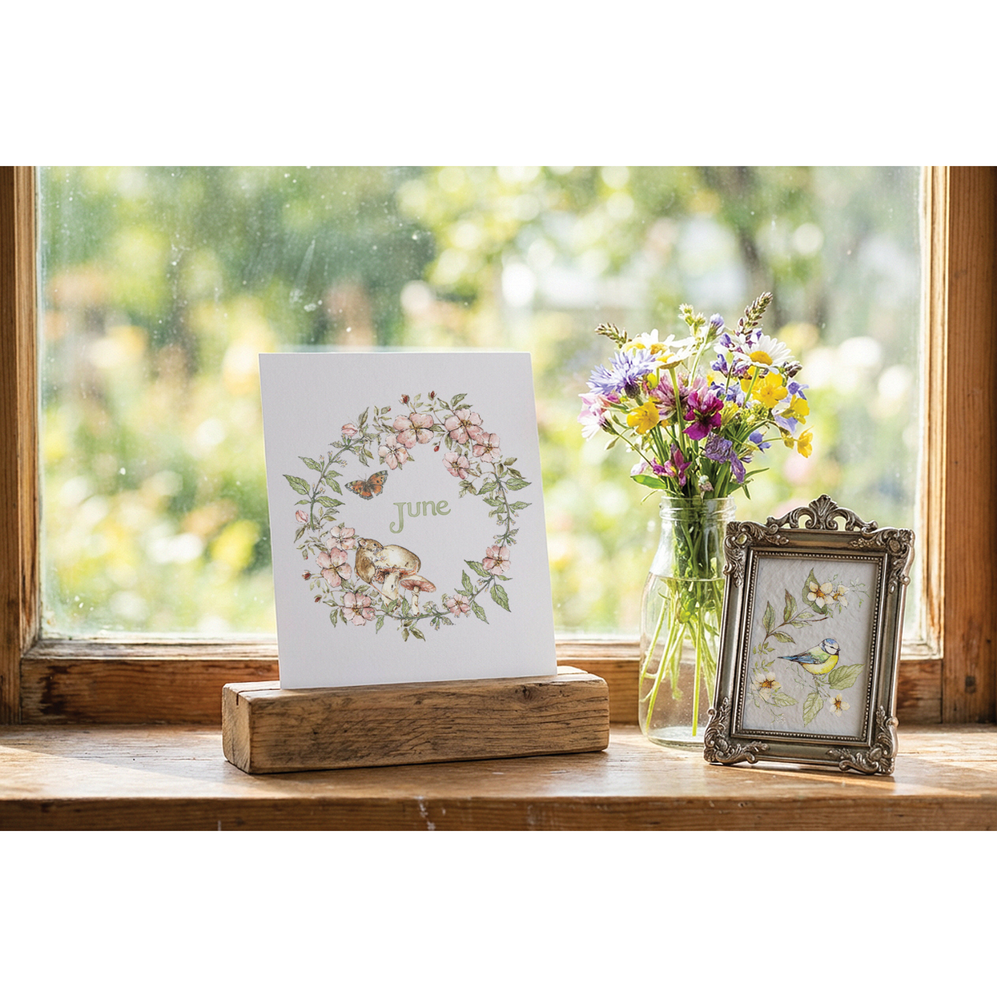 A white greeting card with a floral wreath illustration and the word 'June' stands on a wooden block on a windowsill. A glass vase of colorful wildflowers and an ornate picture frame sit beside it, with a softly blurred green outdoor view behind the window.