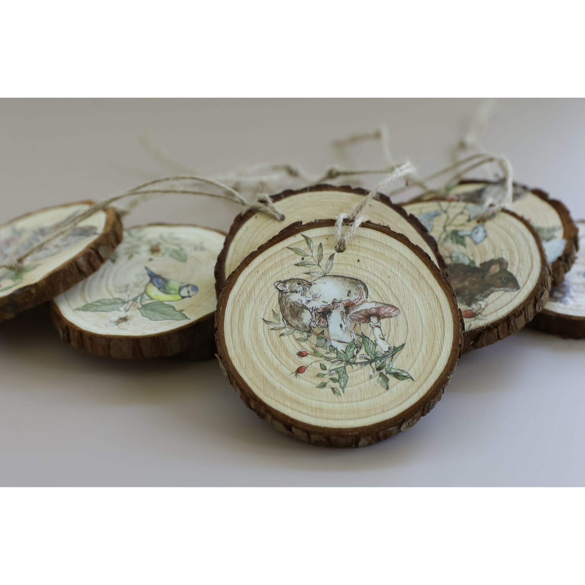 A set of round wooden slice ornaments with rustic bark edges, decorated with vintage-style nature iod transfers including mushrooms, birds, and leaves, hanging from thin twine on a light neutral background.