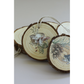 A set of round wooden slice ornaments with natural bark edges, hanging from a string. Each ornament is decorated with a different nature IOD transfer image, including mushrooms, a pinecone, and a bird, on a light beige background.