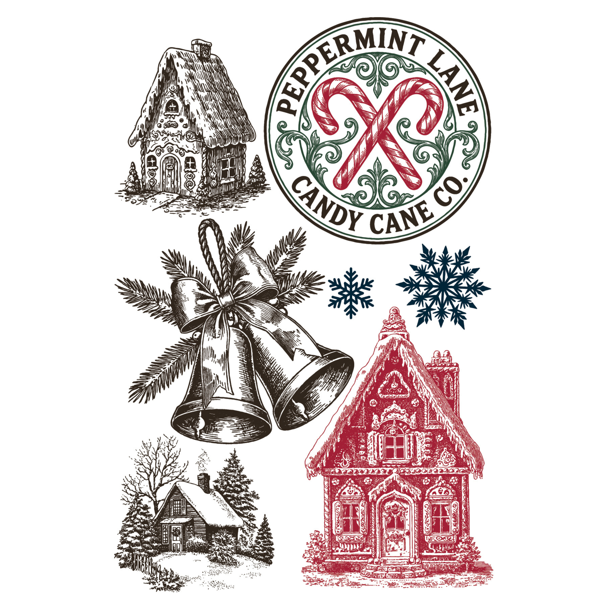 IOD Paint Inlay The North Pole Co. Page 3. Features a set of Christmas-themed graphic designs on a white background, including a round stamp reading 'Peppermint Lane Candy Cane Co.', a black-and-white house sketch, a black-and-white bell illustration, a red house sketch, and green snowflakes.