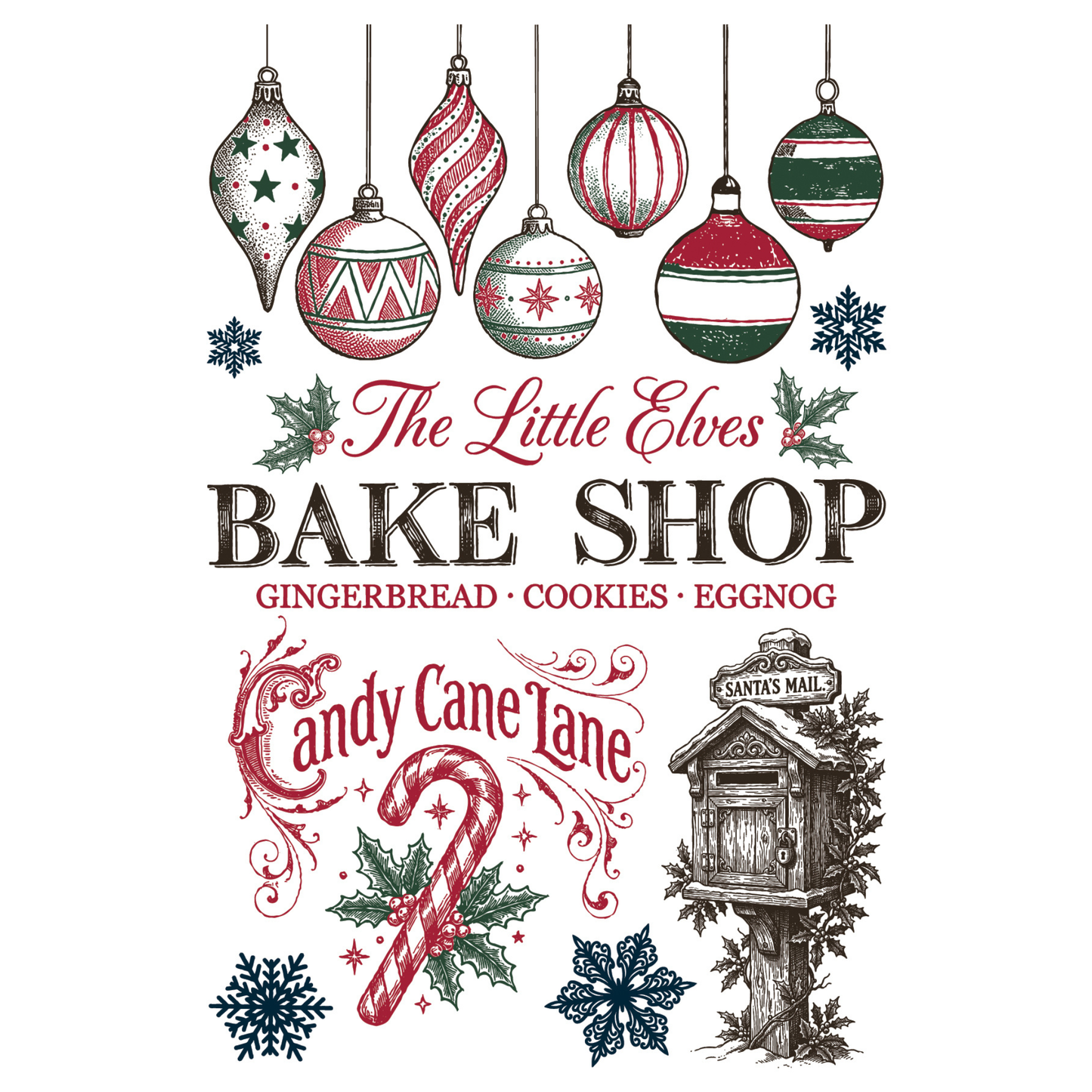 IOD Paint Inlay The North Pole Co. pg 4. Features a festive Christmas-themed graphic with hanging red, green, and white ornaments, snowflakes, holly leaves, a candy cane, a mailbox labeled Santa's Mail, and the text 'The Little Elves BAKE SHOP' and 'Candy Cane Lane' on a white background.