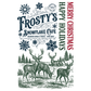 The North Pole Co IOD Paint Inlay og. 6. Features a festive holiday graphic with the text 'FROSTY'S SNOWFLAKE CAFE' and 'MERRY CHRISTMAS' on a white background, decorated with snowflakes, evergreen trees, and illustrated deer.