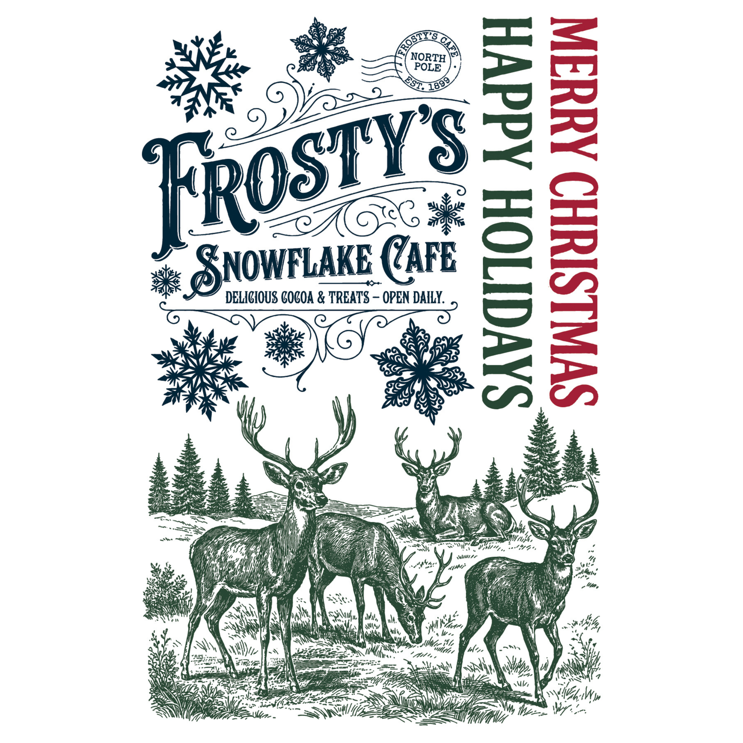 The North Pole Co IOD Paint Inlay og. 6. Features a festive holiday graphic with the text 'FROSTY'S SNOWFLAKE CAFE' and 'MERRY CHRISTMAS' on a white background, decorated with snowflakes, evergreen trees, and illustrated deer.