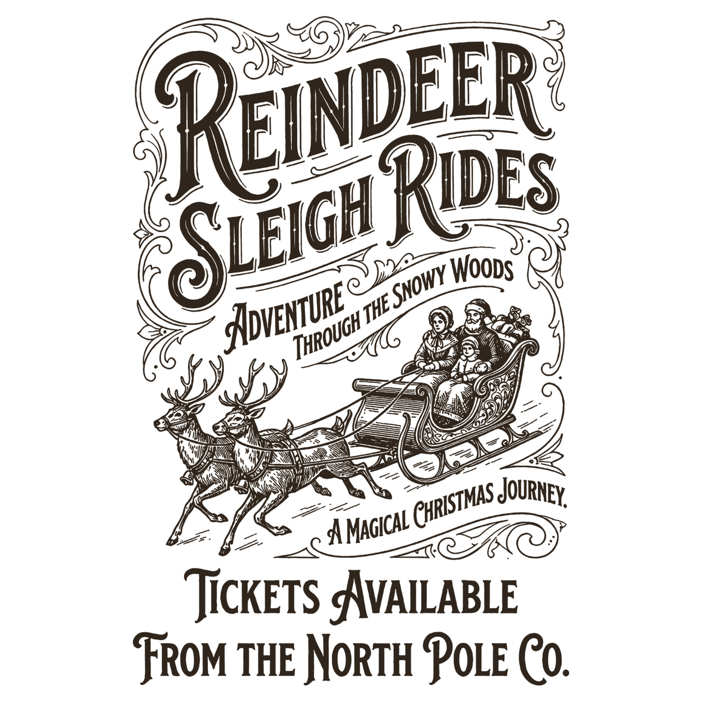 IOD Paint Inlay The North Pole Co. pg 7. Vintage-style poster artwork reading 'Reindeer Sleigh Rides' with decorative flourishes, an illustration of a sleigh pulled by reindeer carrying passengers, and the text 'Tickets Available From the North Pole Co.' on a white background.