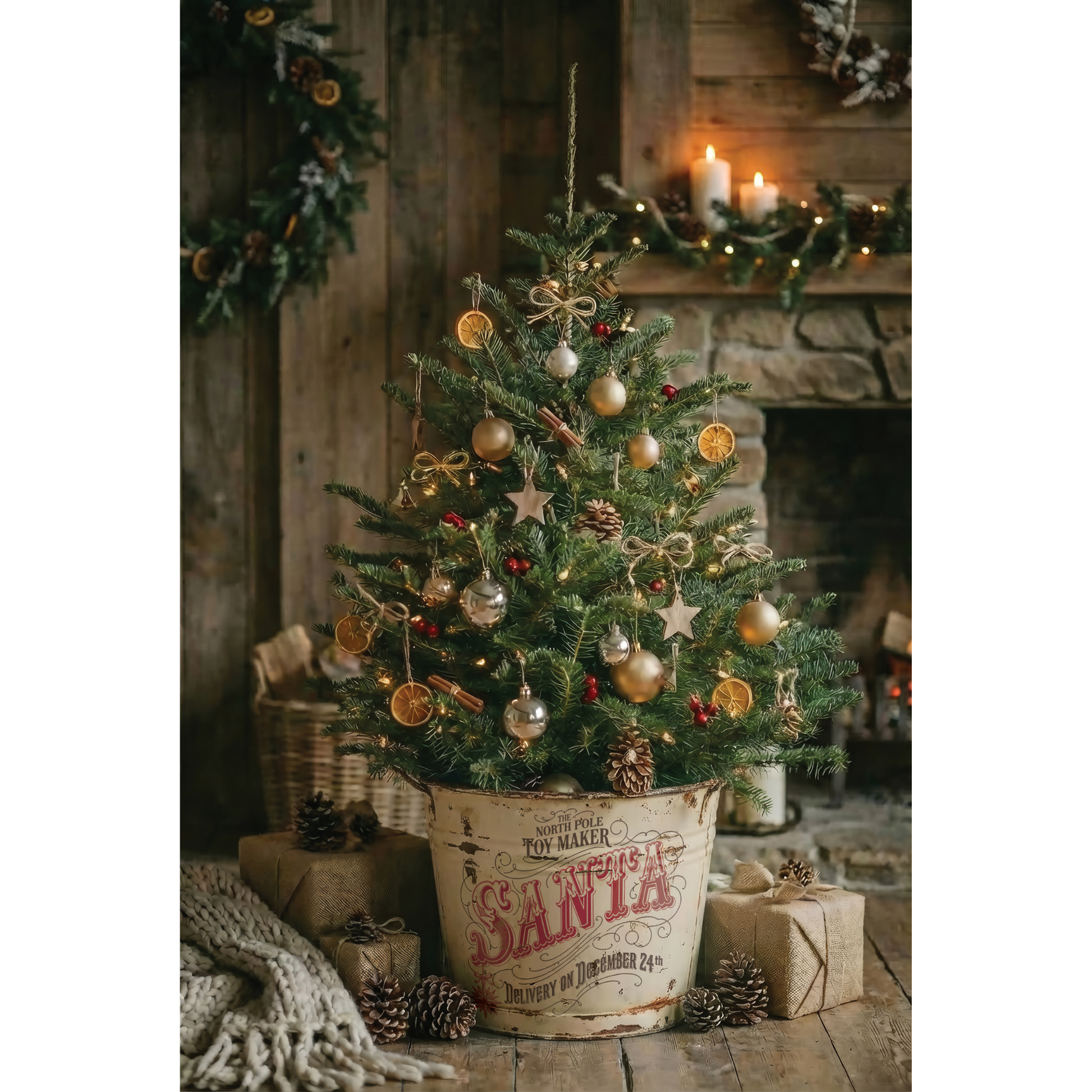 A decorated Christmas tree in a vintage-style Santa-themed bucket, set in a rustic holiday scene with candles, pinecones, and wrapped gifts on a wooden floor.