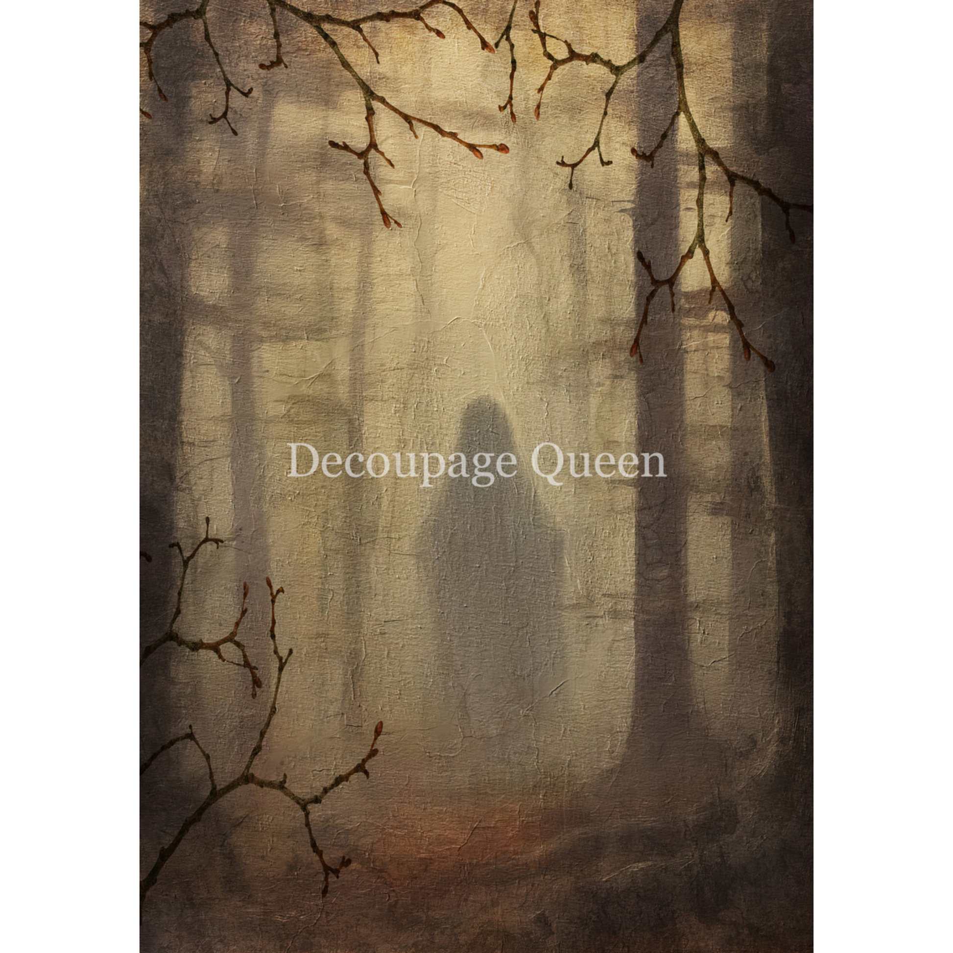 "The Specter" decoupage rice paper by Decoupage Queen. Available at Milton's Daughter. Silhouette of a ghost in a forest.
