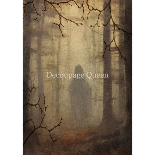 "The Specter" decoupage rice paper by Decoupage Queen. Available at Milton's Daughter. Silhouette of a ghost in a forest.
