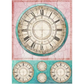 Decorative paper with vintage clock designs on a pink and teal background.