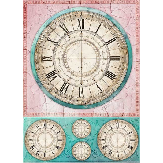 Decorative paper with vintage clock designs on a pink and teal background.