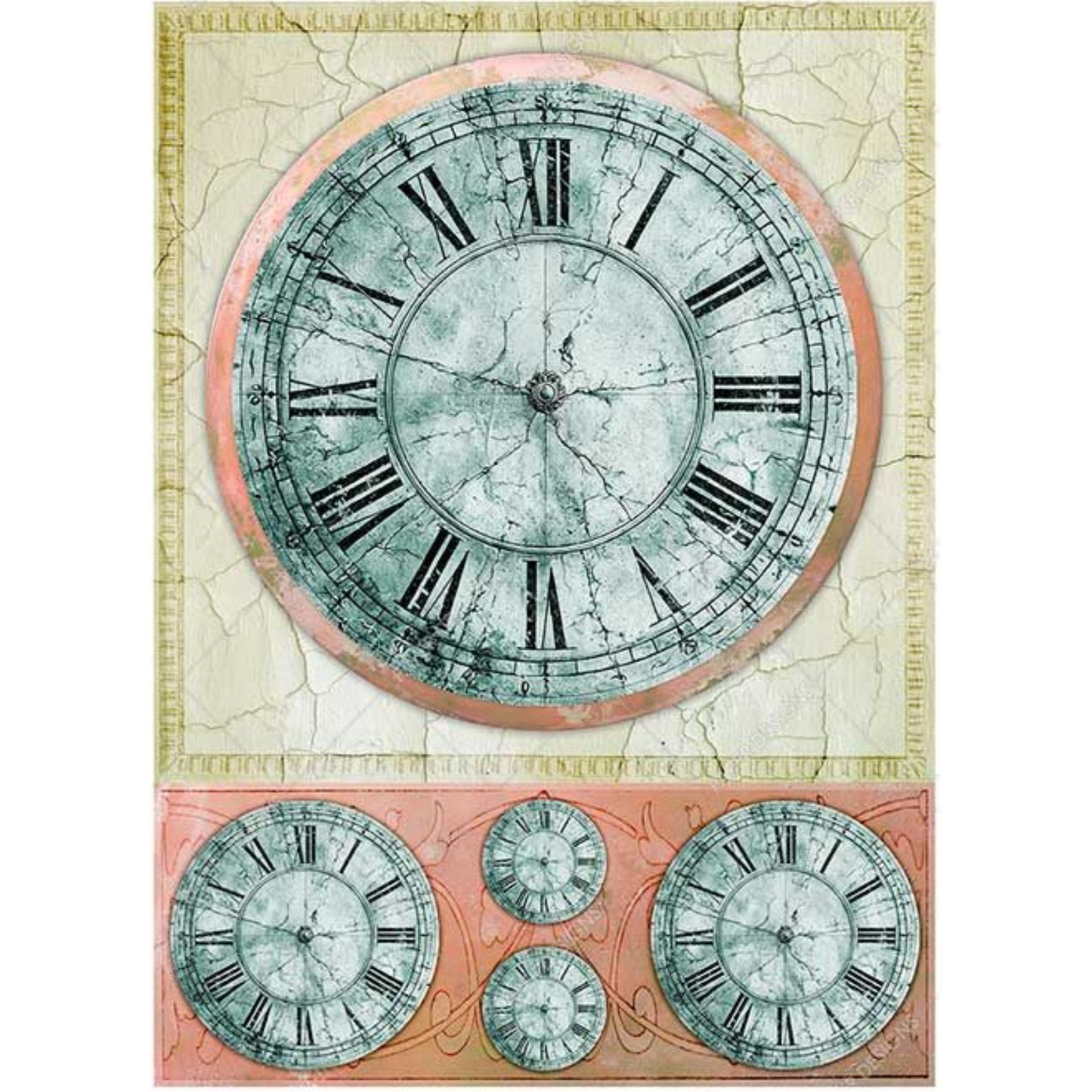 Decorative paper with vintage clock design in pink and beige on a textured background.
