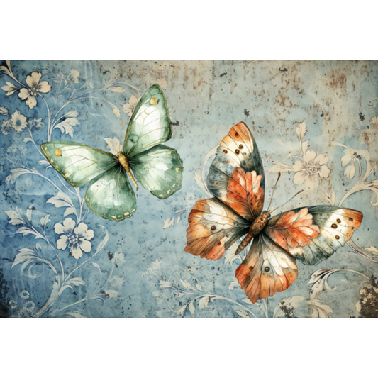 Two butterflies on a textured floral background.