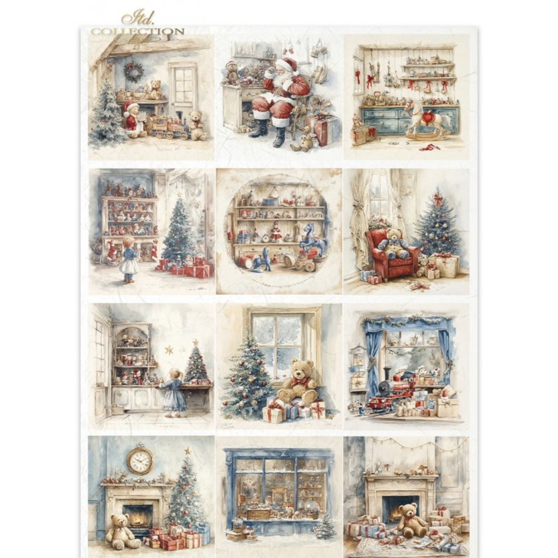 "Toys & Teddy Bears 12 Pack" decoupage rice paper by ITD Collection. Available at Milton's Daughter. 12 images of toys, teddy bears, and gifts displayed in festive settings.