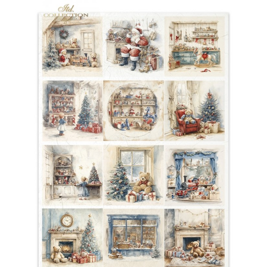 "Toys & Teddy Bears 12 Pack" decoupage rice paper by ITD Collection. Available at Milton's Daughter. 12 images of toys, teddy bears, and gifts displayed in festive settings.
