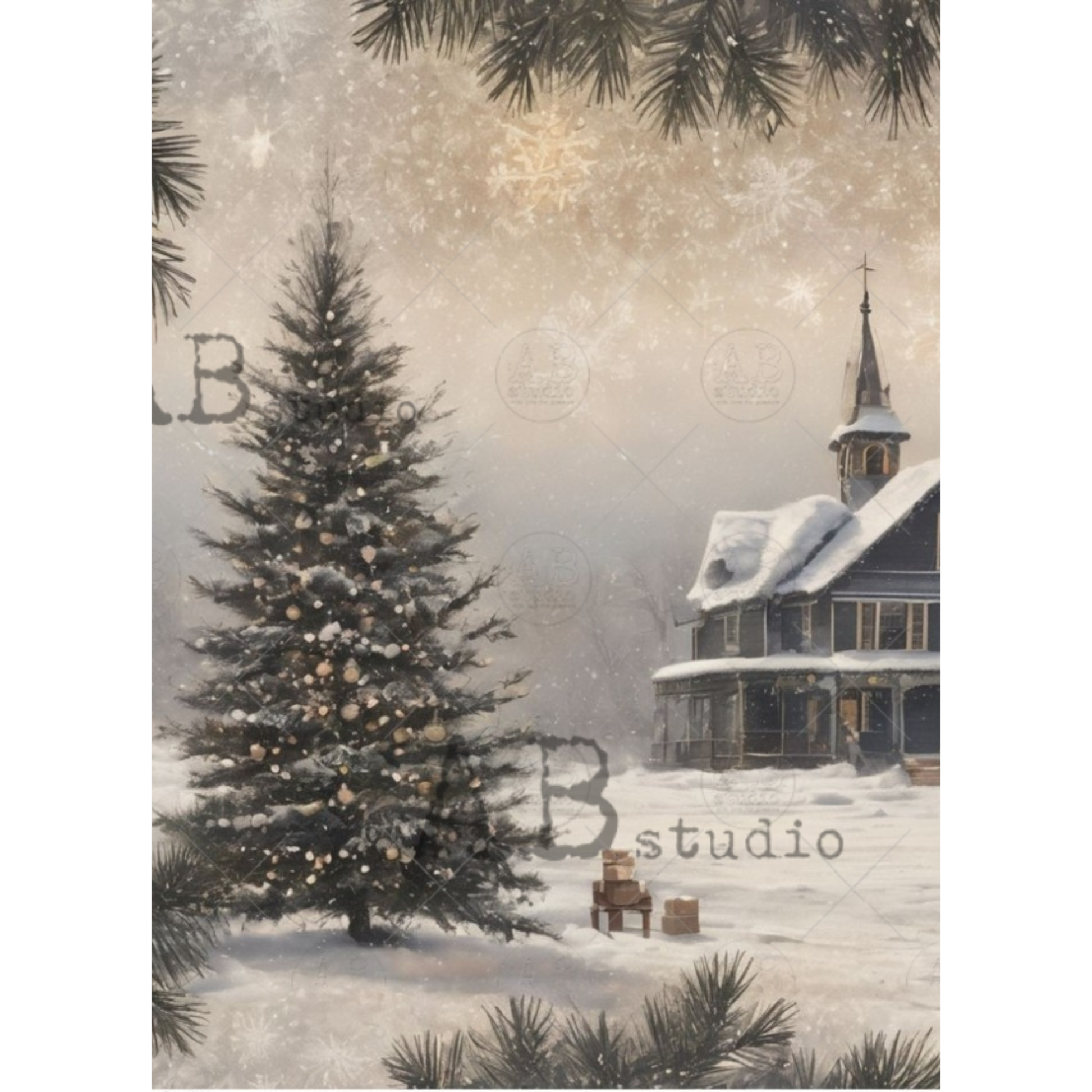 "Tree and Winter Church" decoupage rice paper by AB Studio. Available at Milton's Daughter.