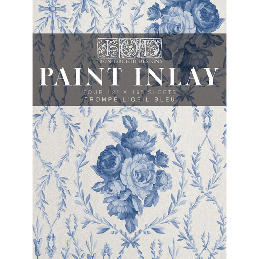 "Trompe L'Oeil Bleu" IOD Paint Inlay Furniture Transfer by Iron Orchid Designs. Front Cover. Available at Milton's Daughter.