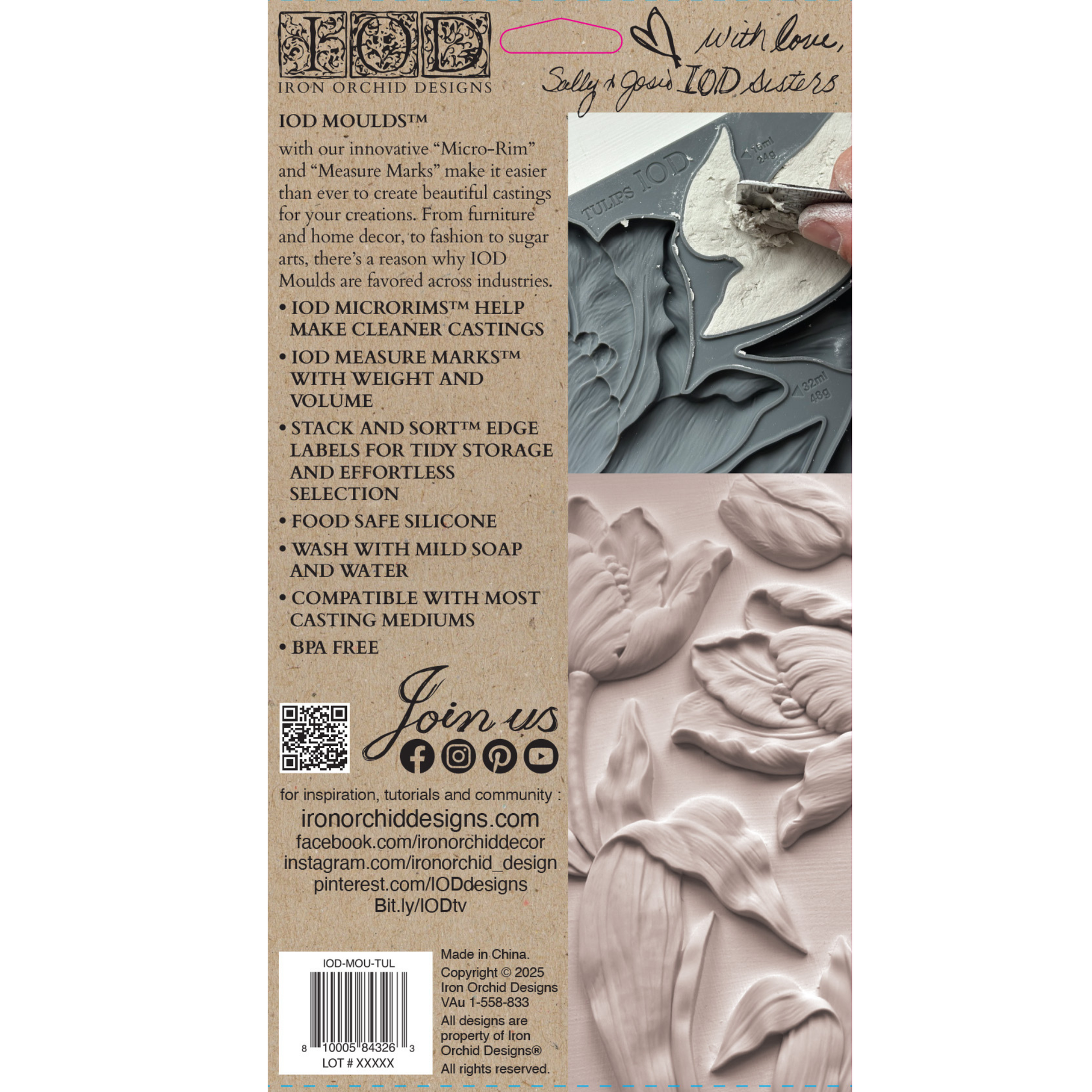 Iron Orchid Designs Tulips mold packaging with text and images of the mold.
