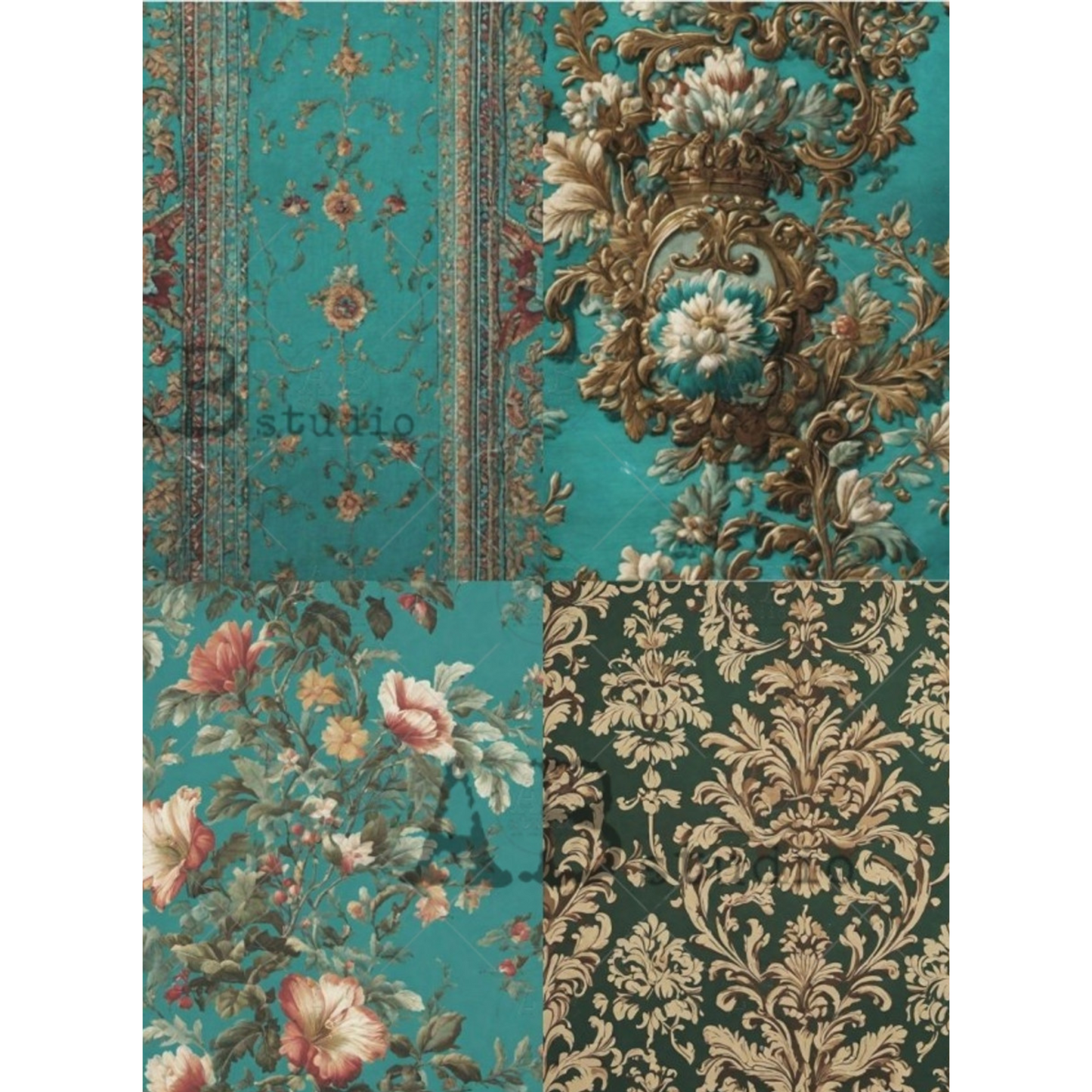 "Turquoise Tapestry 4 Pack" decoupage rice paper by AB Studio. Available at Milton's Daughter.