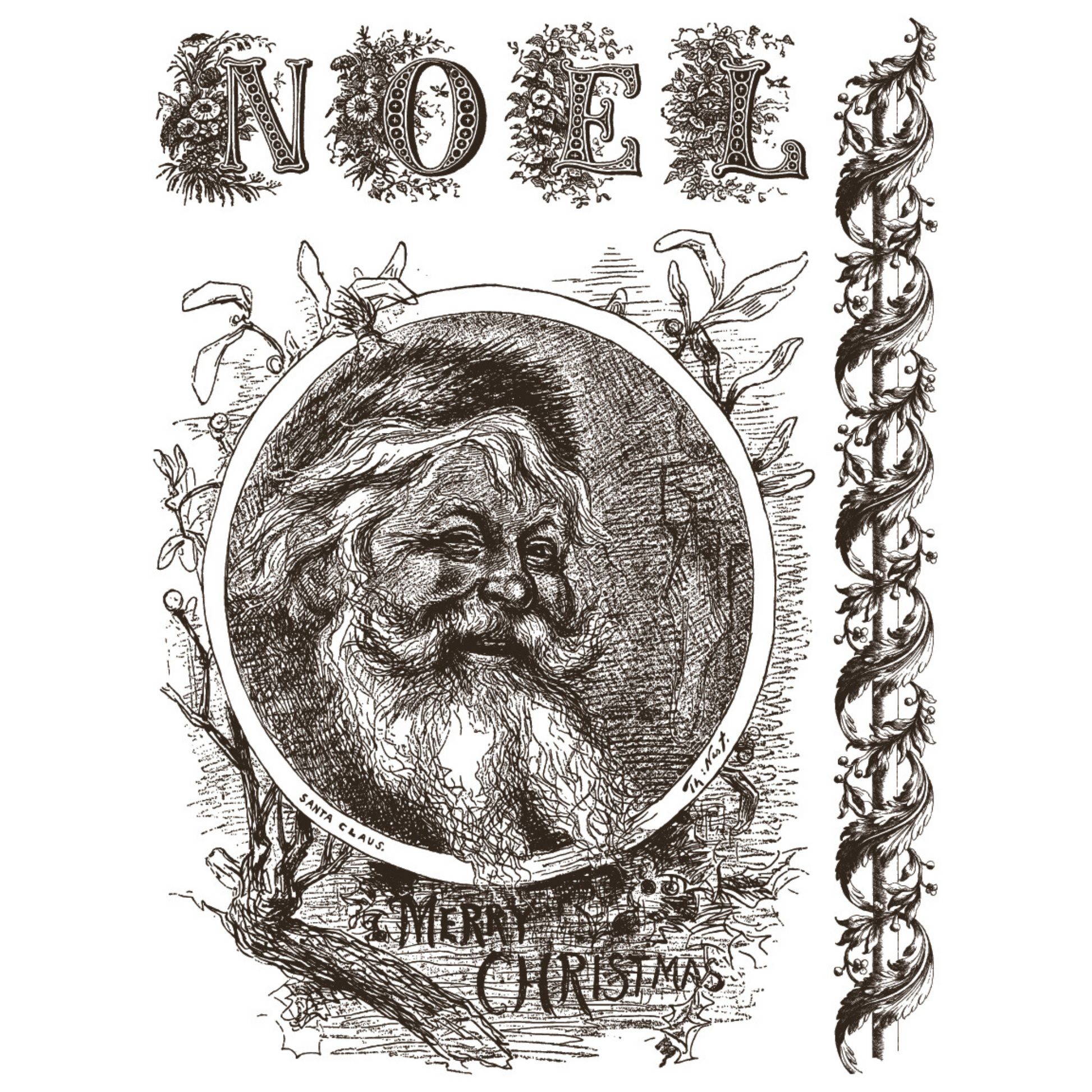 "Twelfth Night" IOD Paint Inlay by Iron Orchid Designs. Pg 2 of 8. Available at Milton's Daughter. Vintage-style illustration of a vintage Santa with 'NOEL' and 'Merry Christmas' text.