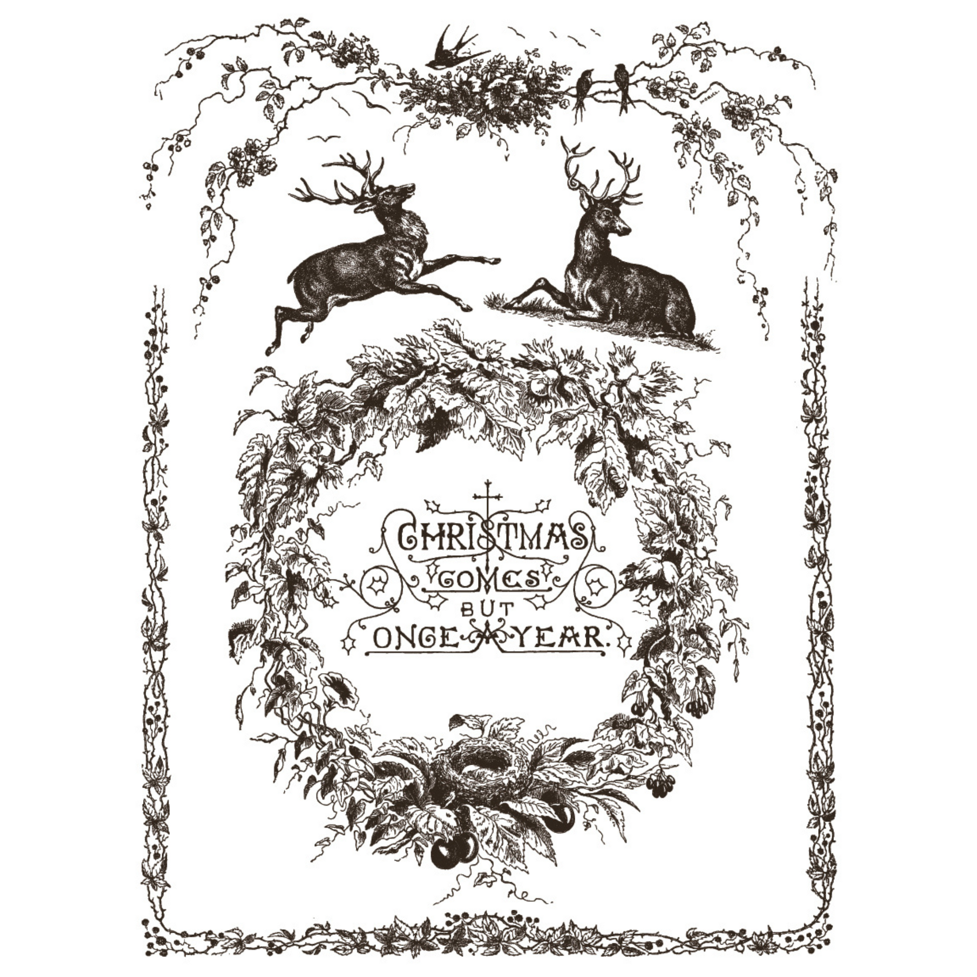 "Twelfth Night" IOD Paint Inlay by Iron Orchid Designs. Pg 4 of 8. Available at Milton's Daughter. Vintage-style Christmas design with deer and floral wreath in black.