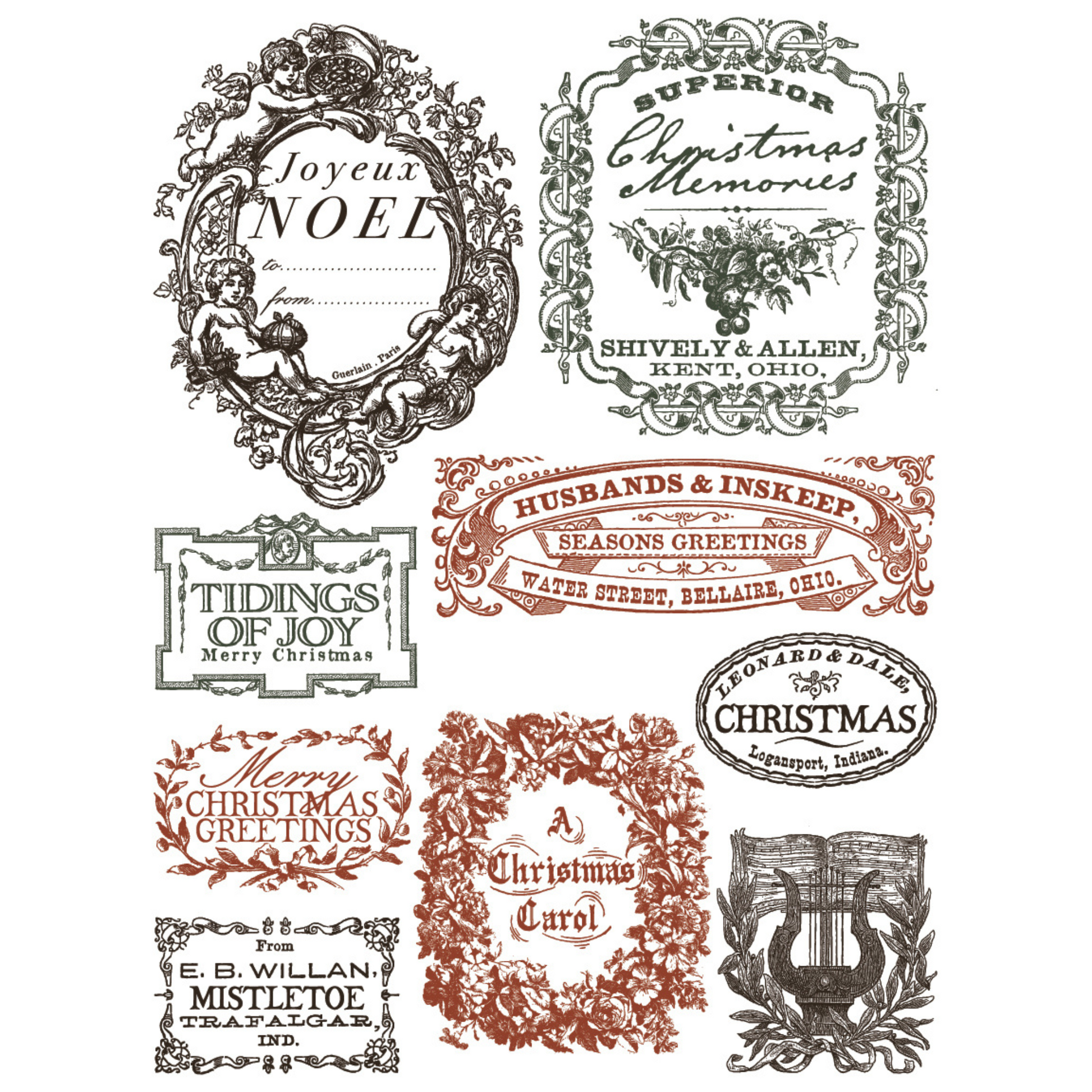 "Twelfth Night" IOD Paint Inlay by Iron Orchid Designs. Pg 6 of 8. Available at Milton's Daughter. Collection of vintage Christmas-themed labels and decorative text in red, black and soft black.