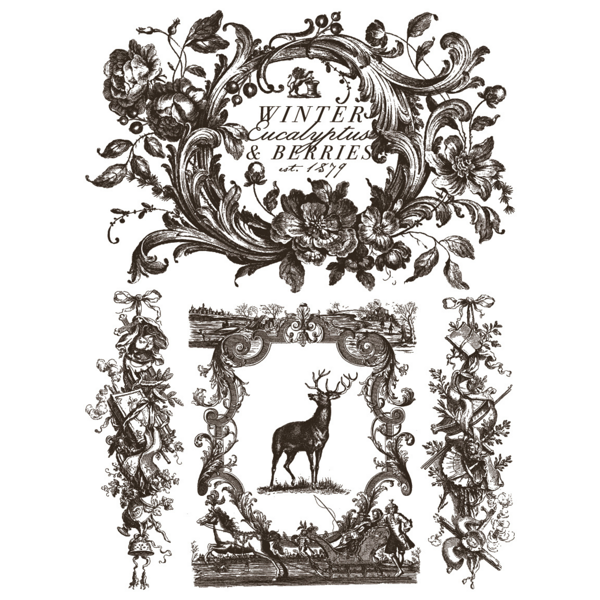 "Twelfth Night" IOD Paint Inlay by Iron Orchid Designs. Pg 7 of 8. Available at Milton's Daughter. Decorative design in black with floral elements and a deer, featuring text 'Winter Eucalyptus & Berries'.