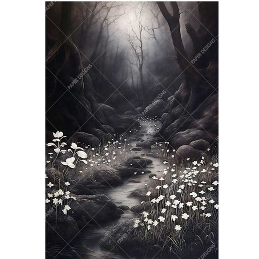 Dark forest scene with a path and white flowers glowing under moonlight.