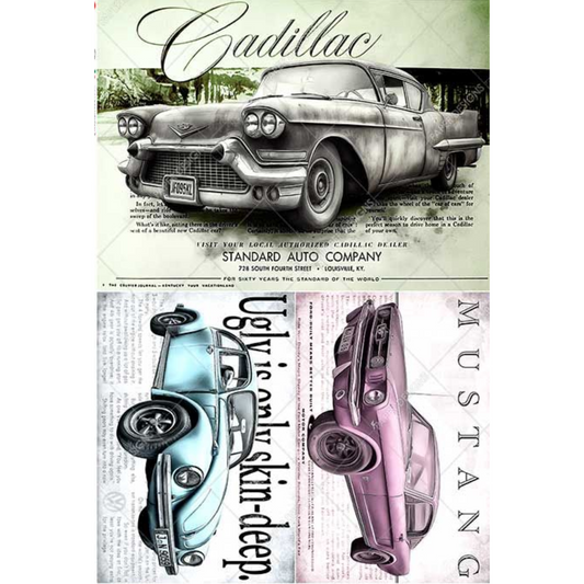 Vintage Cadillac, Mustang and Volkswagen car illustrations with text on a white background.