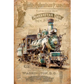 Vintage-style poster with a steam locomotive and historical text on a beige background.