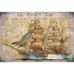 Decorative paper with a ship illustration on a background resembling old newspaper text.