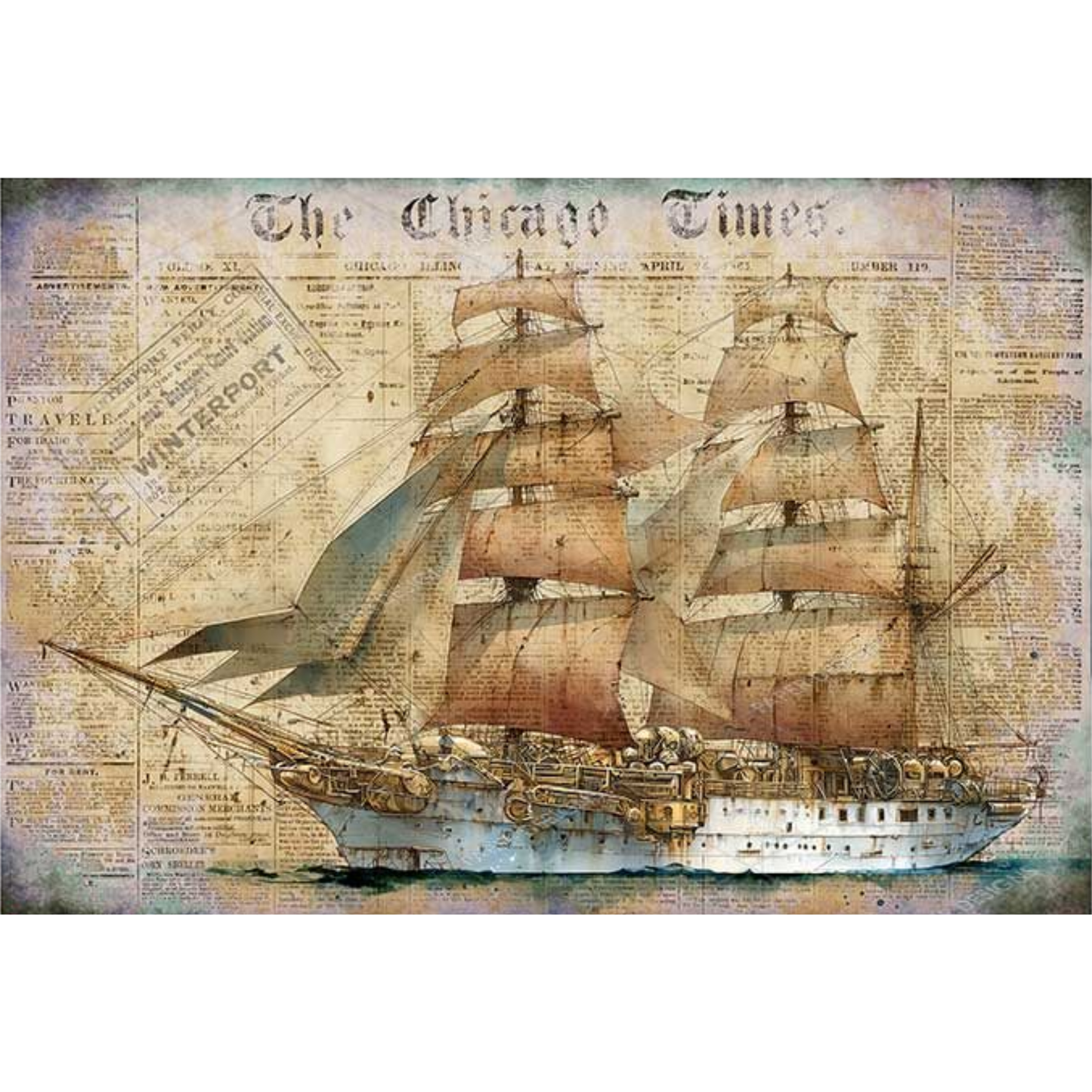 Decorative paper with a ship illustration on a background resembling old newspaper text.