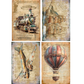 Set of four vintage-style posters featuring a steam locomotive, ship, airplane, and hot air balloon on a textured background.