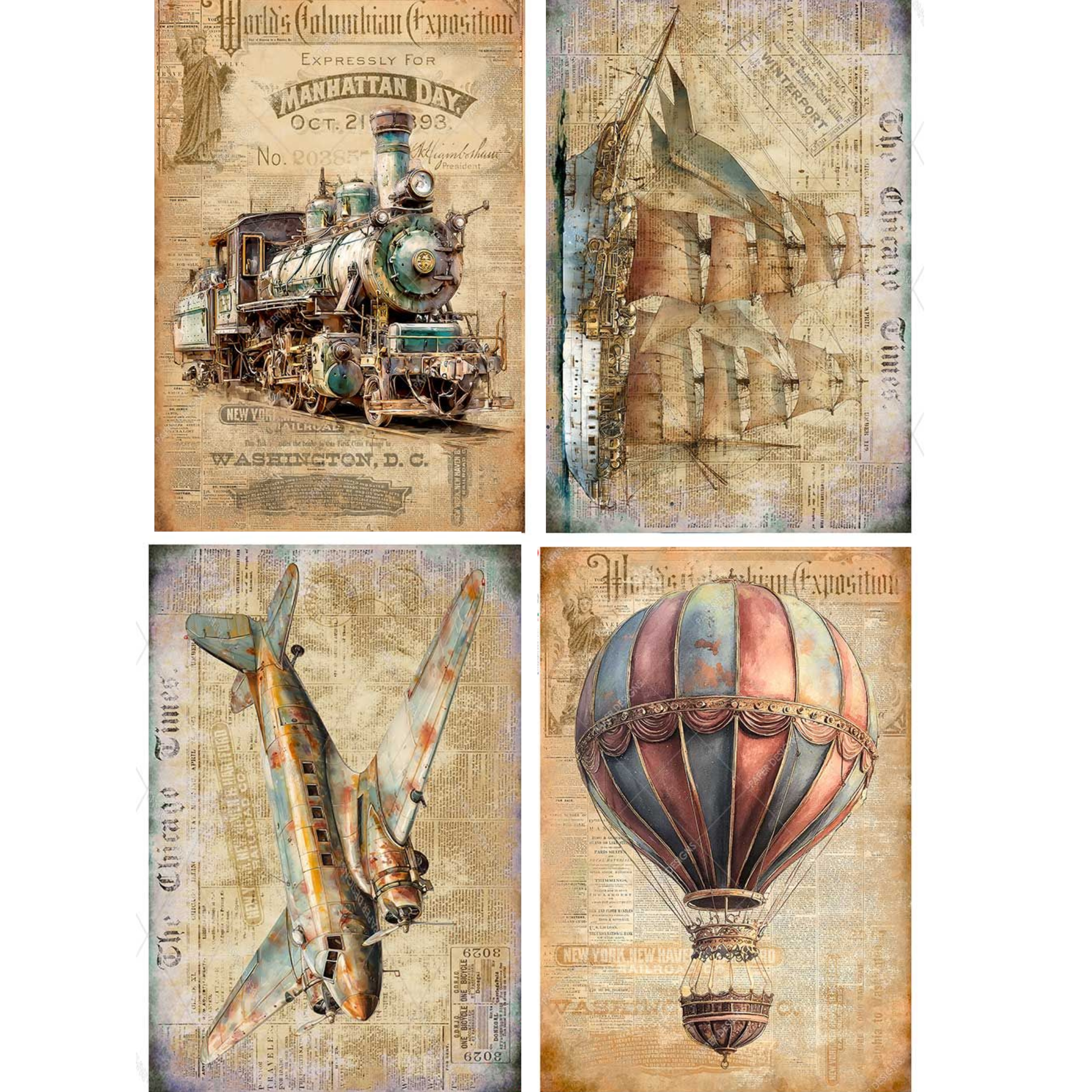 Set of four vintage-style posters featuring a steam locomotive, ship, airplane, and hot air balloon on a textured background.