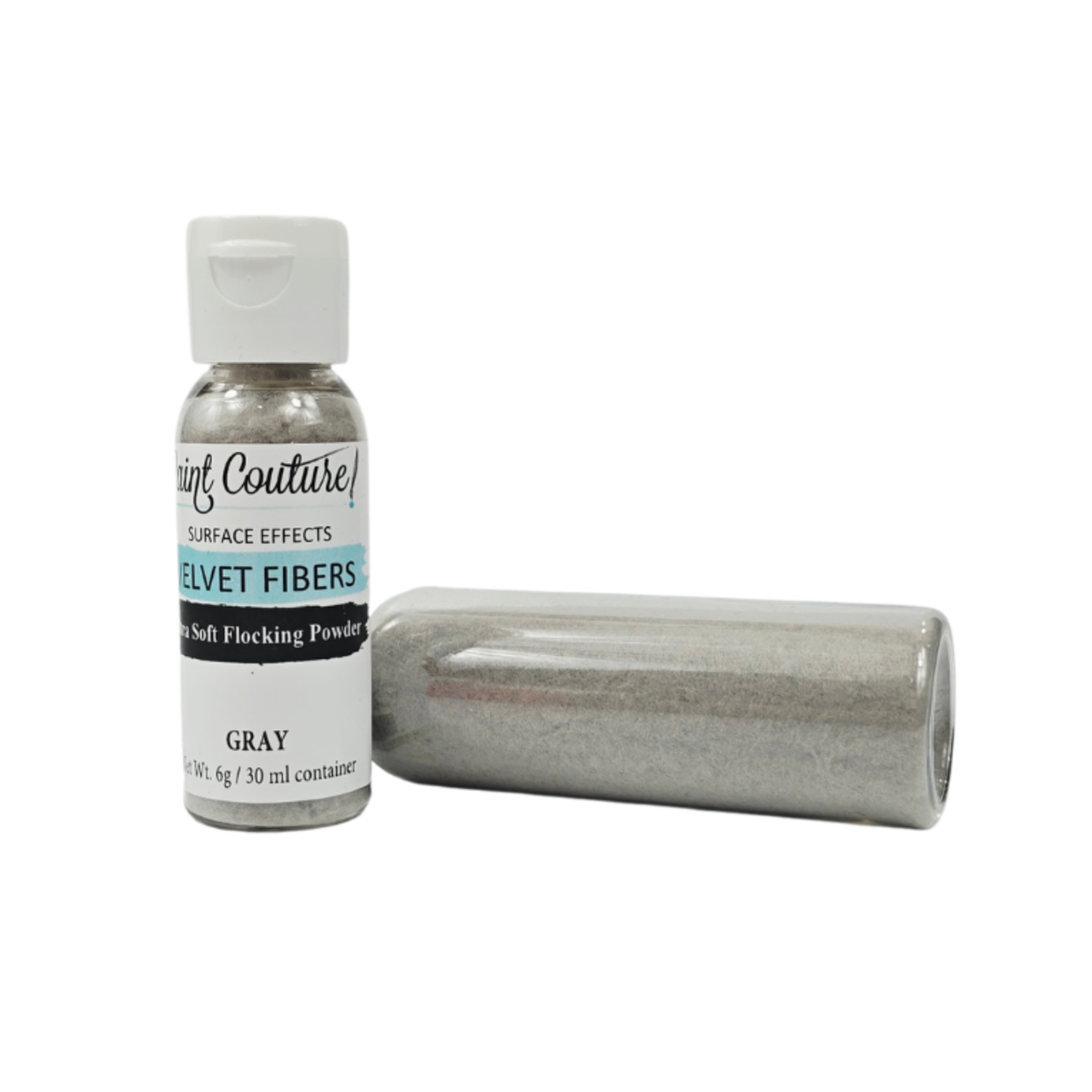 A small bottle of Gray Velvet Fibers soft flocking powder by Paint Couture next to jar of the same gray fibers, on a white background.