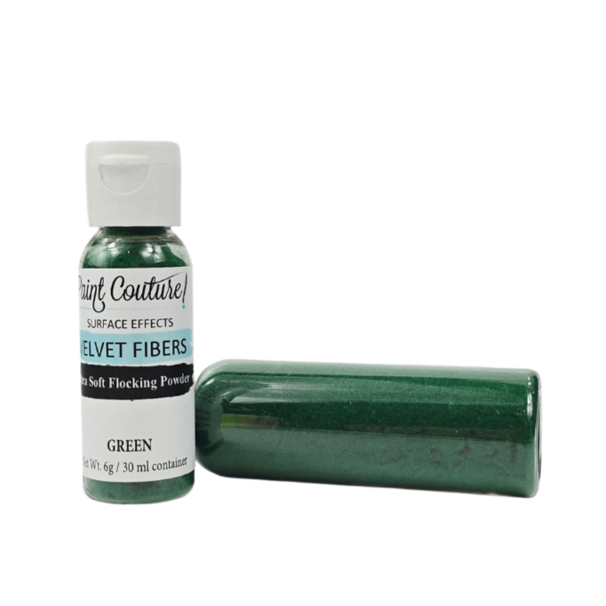 A bottle of Paint Couture Green Velvet Fibers soft flocking powder standing upright next to a matching green cylindrical container on a white background.
