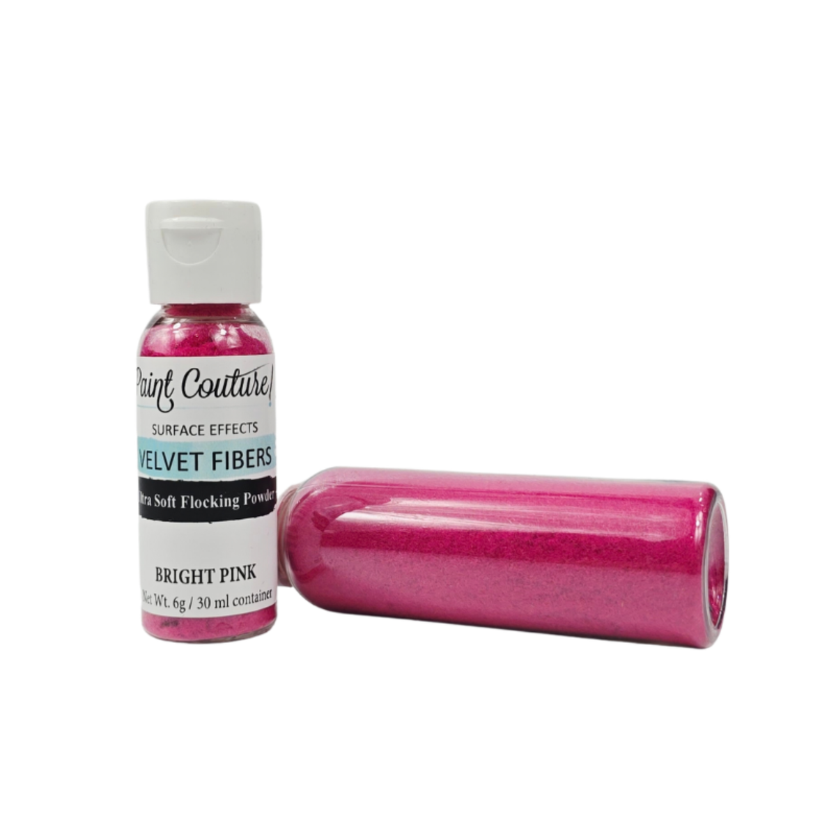 A bottle of Paint Couture Velvet Fibers in Bright Pink, standing upright next to a bottle filled with the same color product on a white background.