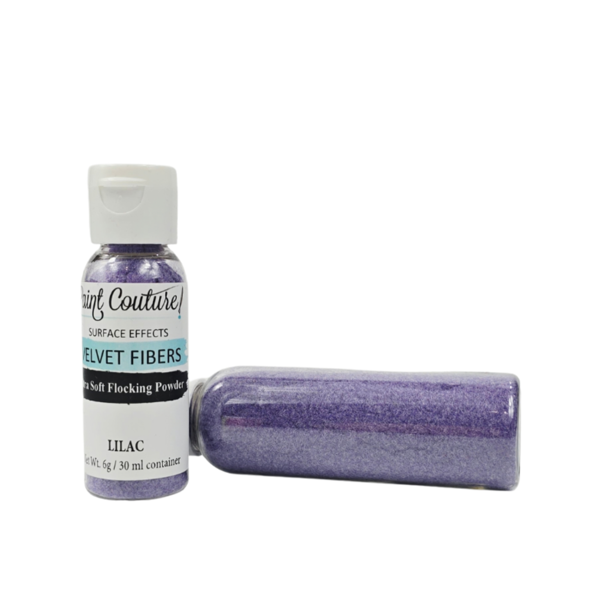 A bottle of Paint Couture Lilac Velvet Fibers surface effect flocking powder, shown next to a clear tube filled with the product on a white background.