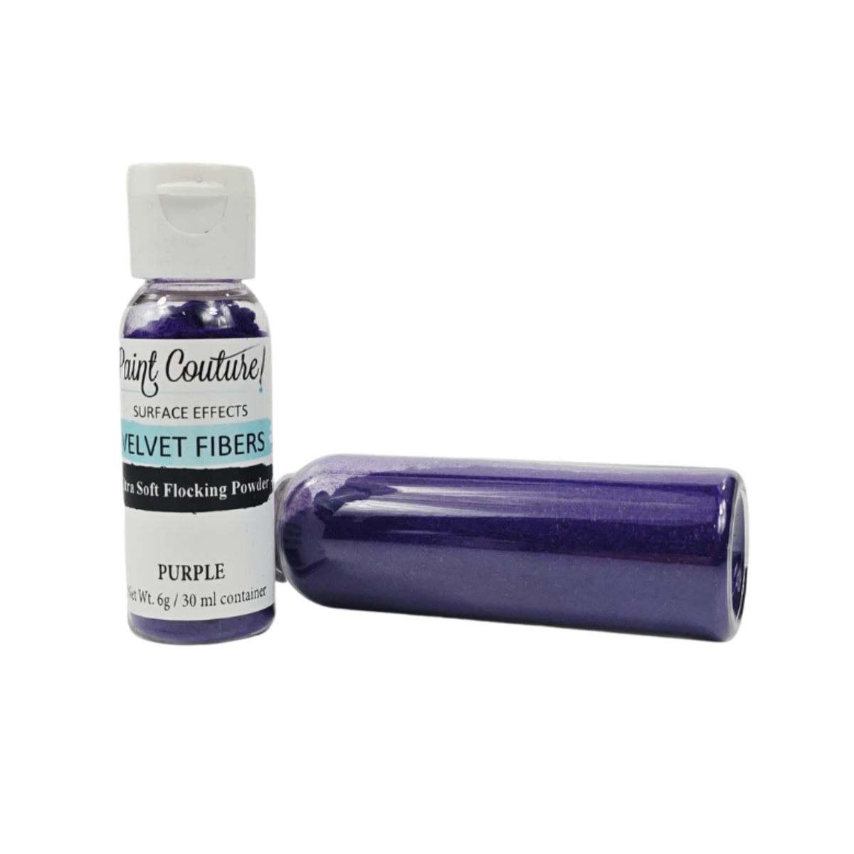 A bottle of Paint Couture Velvet Fibers soft flocking powder in purple, shown next to a cylindrical container filled with the same purple fibers on a white background.