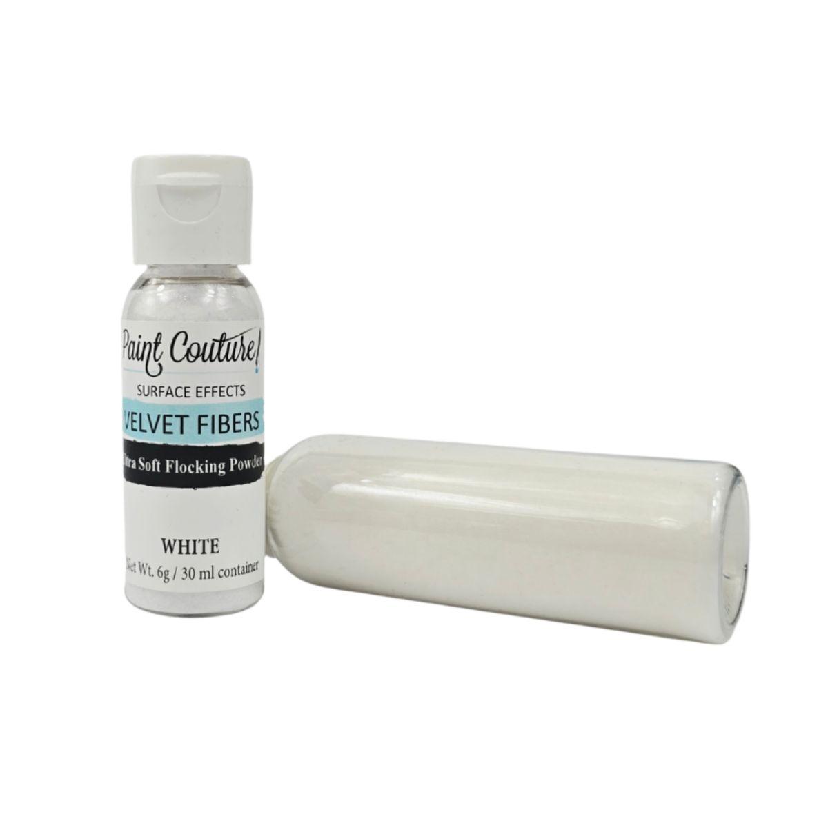 A small bottle of Paint Couture Velvet Fibers surface effect powder, labeled White, shown next to a rolled white tube of the same product on a plain white background.