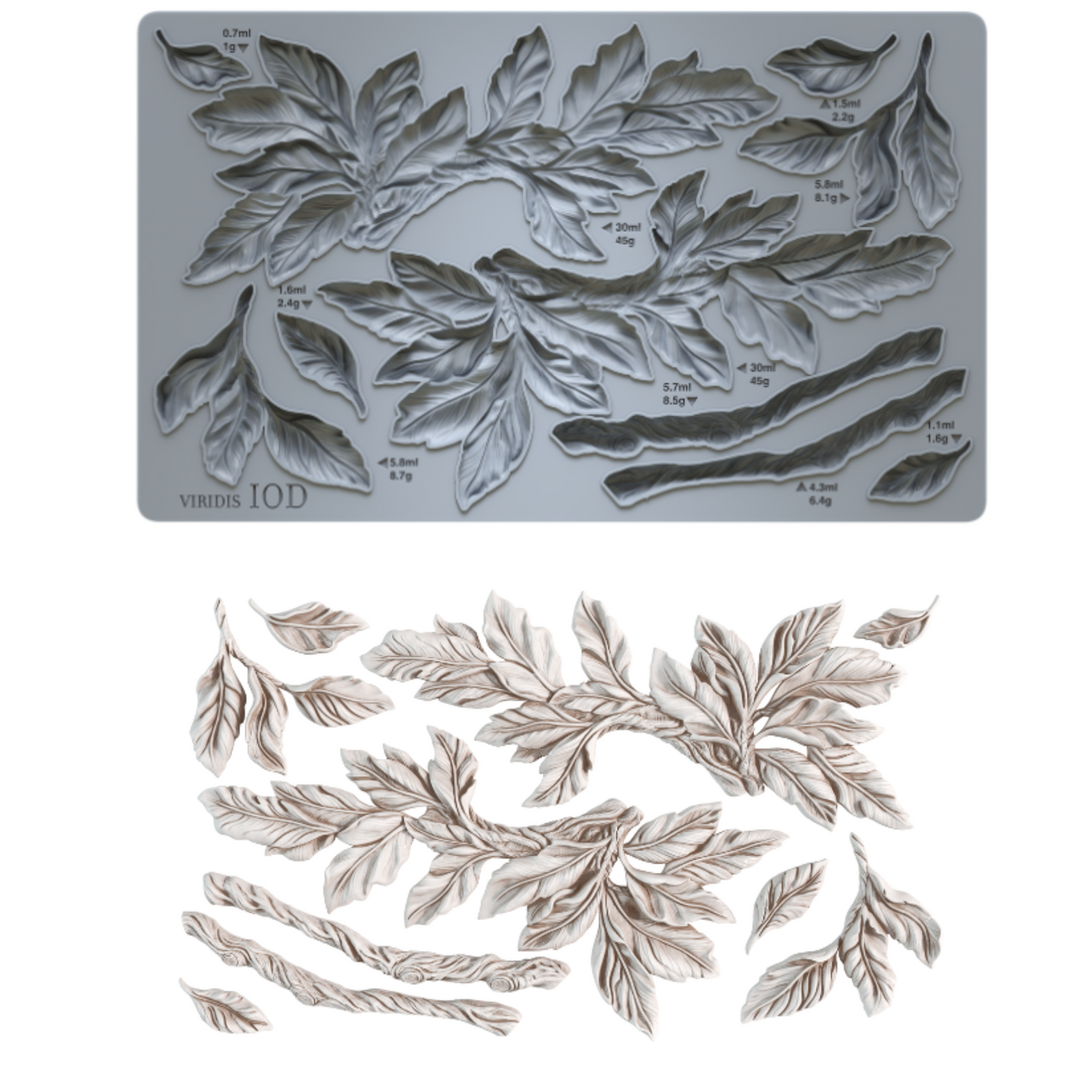 "Veridis" IOD Mould by Iron Orchid Designs. Product photo with casting side by side. Available at Milton's Daughter.