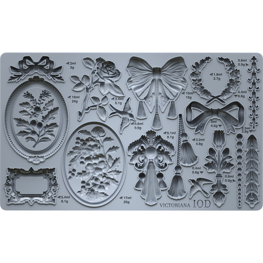"Victoriana" IOD Silicone Mould by Iron Orchid Designs. Available at Milton's Daughter. Decorative mold with florals, tassels and cameos.
