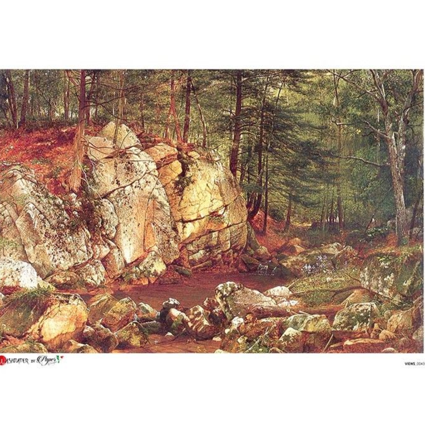 A scenic landscape showing a rocky forest clearing with large boulders, trees, and a small stream.
