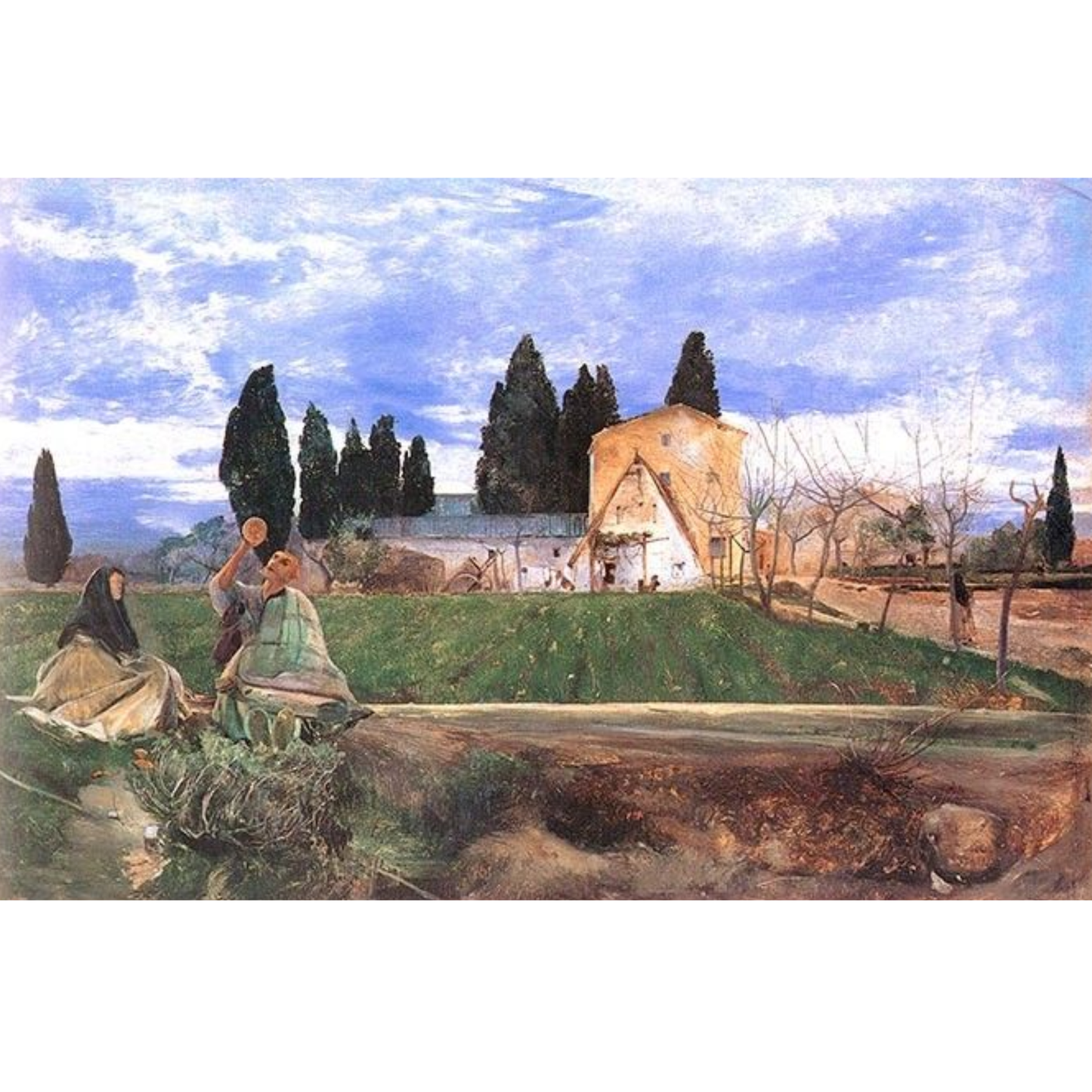 An impressionist landscape painting featuring a rural scene with figures in the foreground, tall dark cypress trees, a small house, and a blue sky with white clouds.