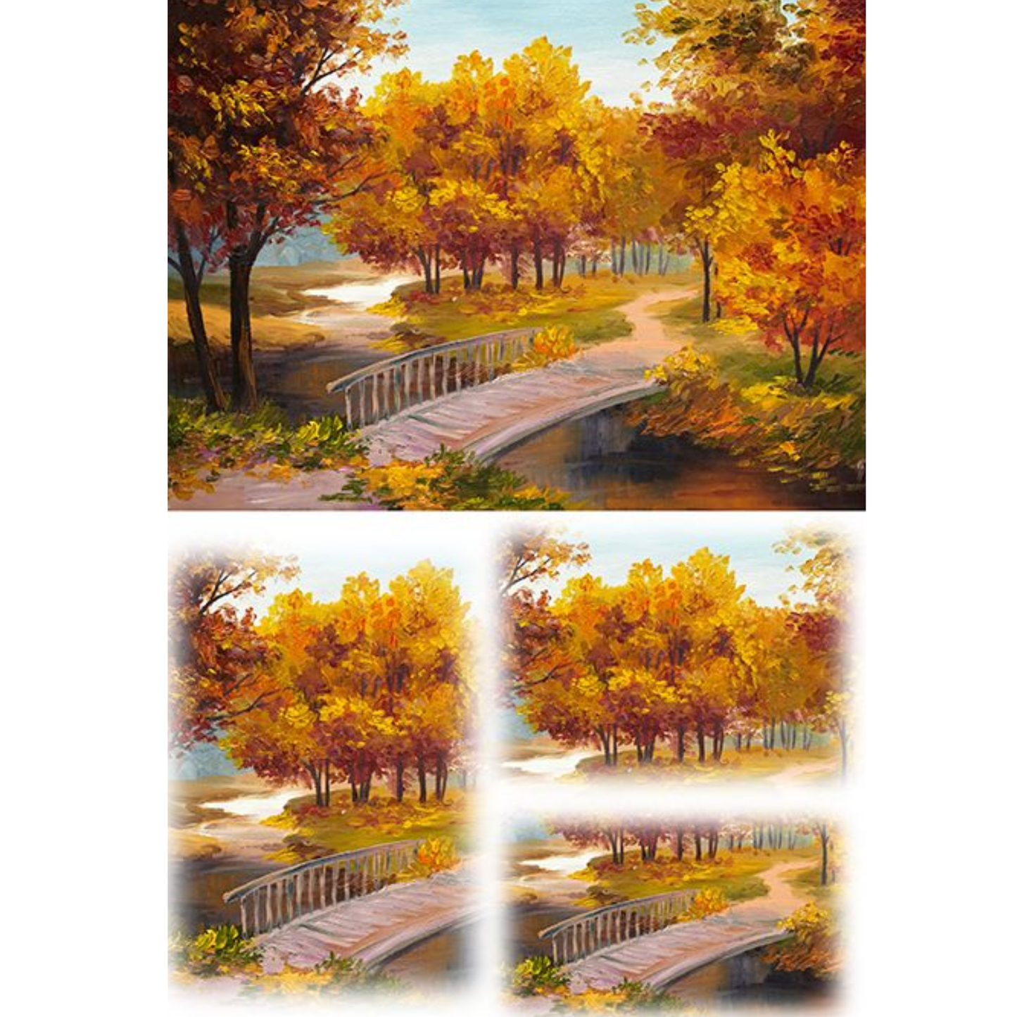 Four scenic images of a wooden bridge crossing a stream, surrounded by golden autumn trees and a winding path, shown as a large version above three smaller matching versions on a white background.