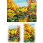 Three views of  an autumn landscape with a river, yellow and red trees, and a blue sky.