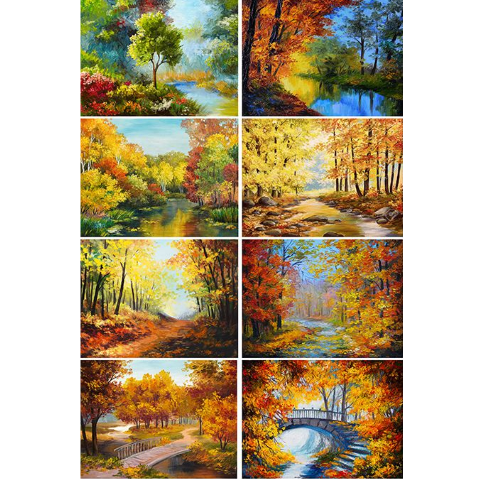 A grid of eight colorful autumn landscape images, each showing trees with yellow, orange, red, and blue foliage beside water, paths, bridges, and sunlit forest scenes.