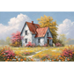 A rural scene showing a small weathered white house with a rusted red roof, surrounded by colorful flowers, pink and yellow trees, and a blue sky with white clouds.