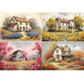 A collage of four  house scenes in soft, impressionistic style. The top-left panel shows a small cream house with a brown roof surrounded by lavender and yellow flowers.