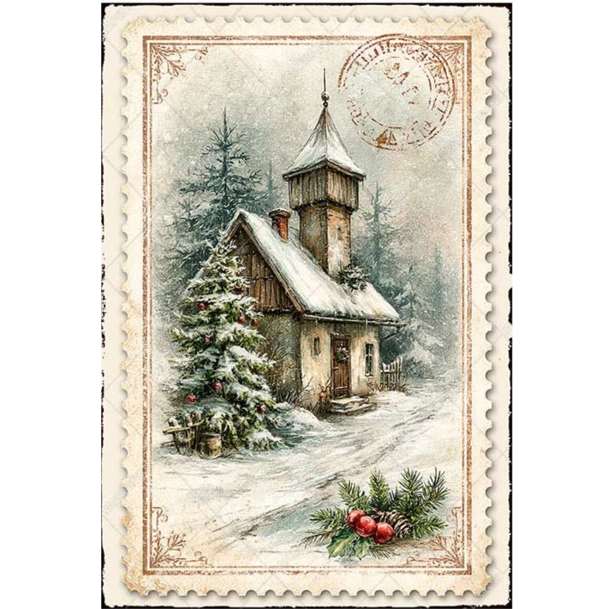 A vintage-style postage stamp paper design featuring a snowy winter cabin scene, evergreen trees, and red berries.