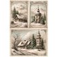 Three vintage postage stamp style images depicting winter landscapes showing snowy mountains, cabins, trees, and a tower in muted beige, gray, and brown tones.